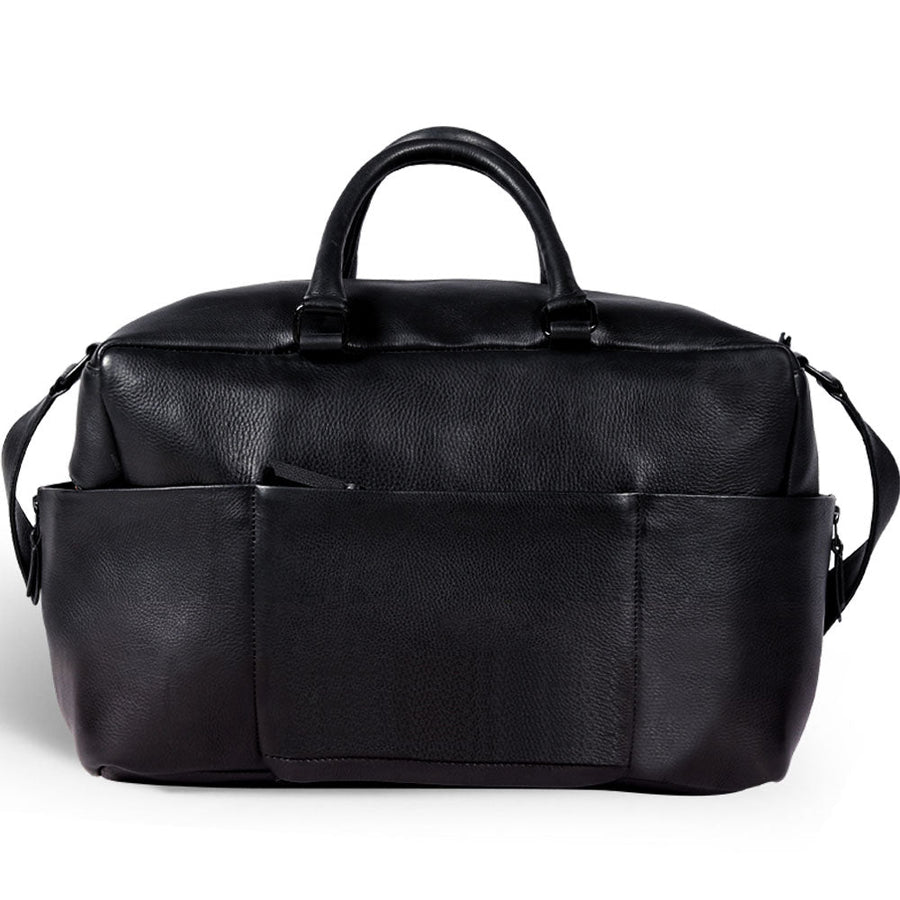 Premium black leather weekender bag, handmade sustainable full grain cowhide, spacious travel bag with laptop sleeve, antique brass hardware by Bethikal at brixbailey.com