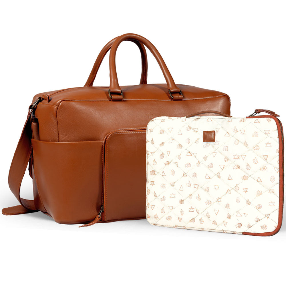 Premium handmade tan leather weekender bag, eco-friendly recycled materials, durable full grain cowhide, spacious travel duffle with laptop sleeve by Bethikal at brixbailey.com