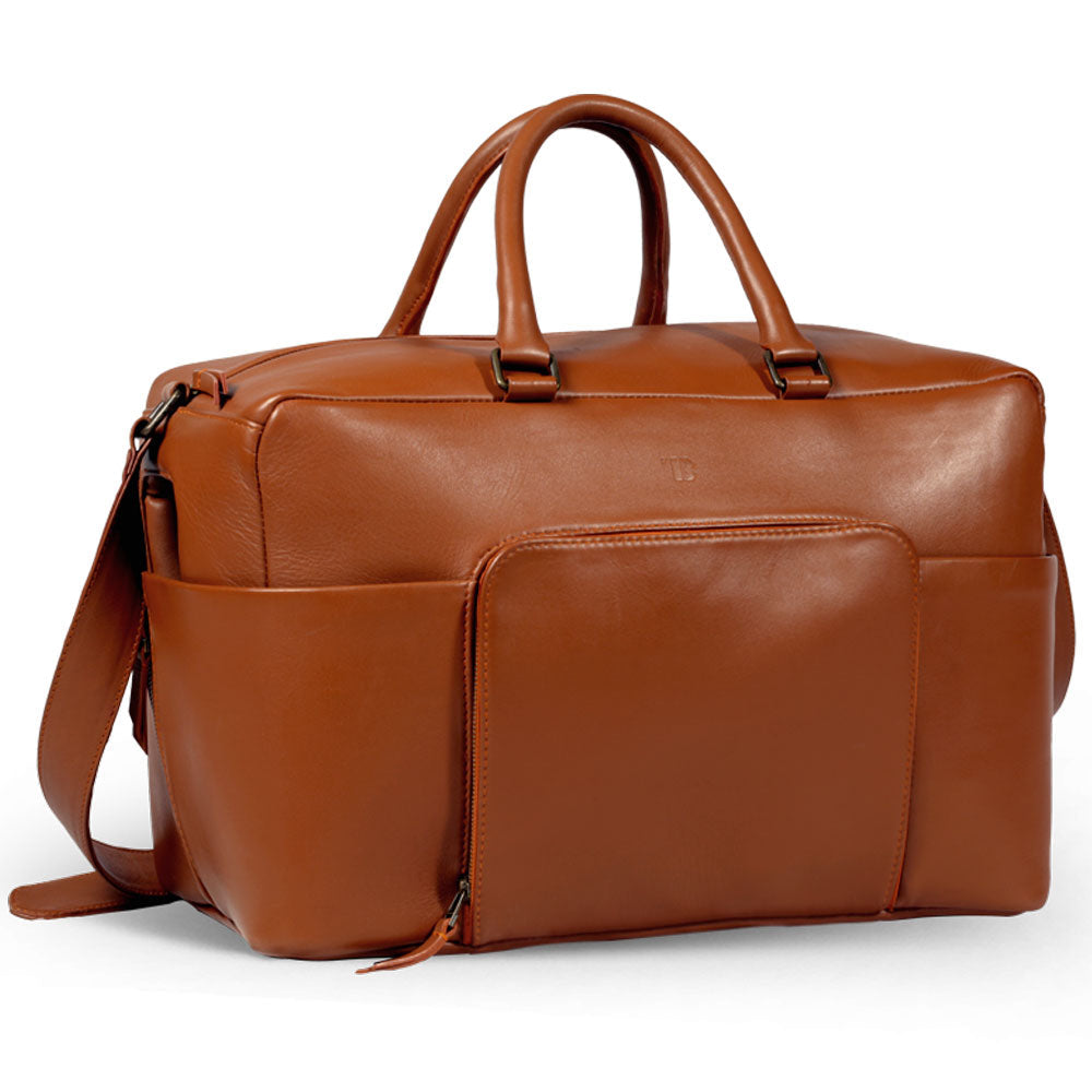Premium handmade tan leather weekender bag, eco-friendly recycled materials, durable full grain cowhide, spacious travel duffle with laptop sleeve by Bethikal at brixbailey.com