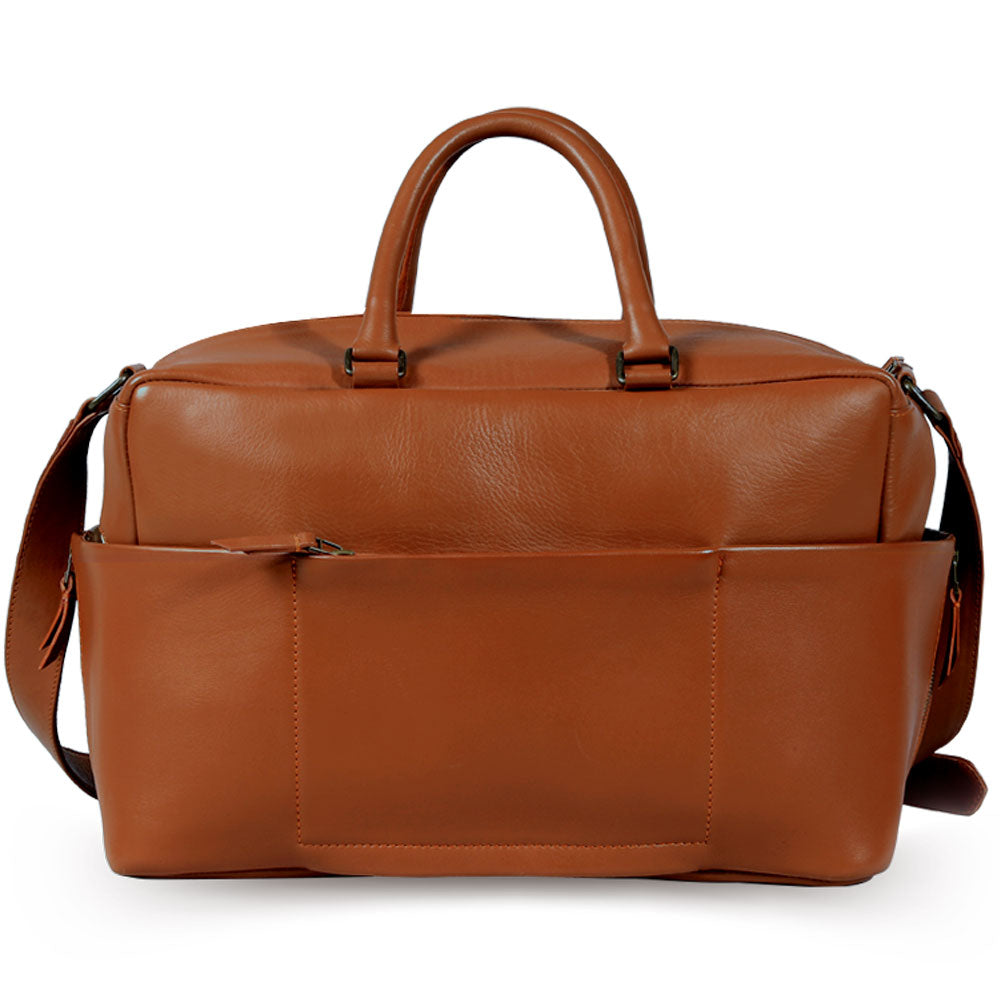 Premium tan leather weekender bag, handmade eco-friendly duffle with full grain cowhide, antique brass hardware, detachable laptop sleeve by Bethikal at brixbailey.com