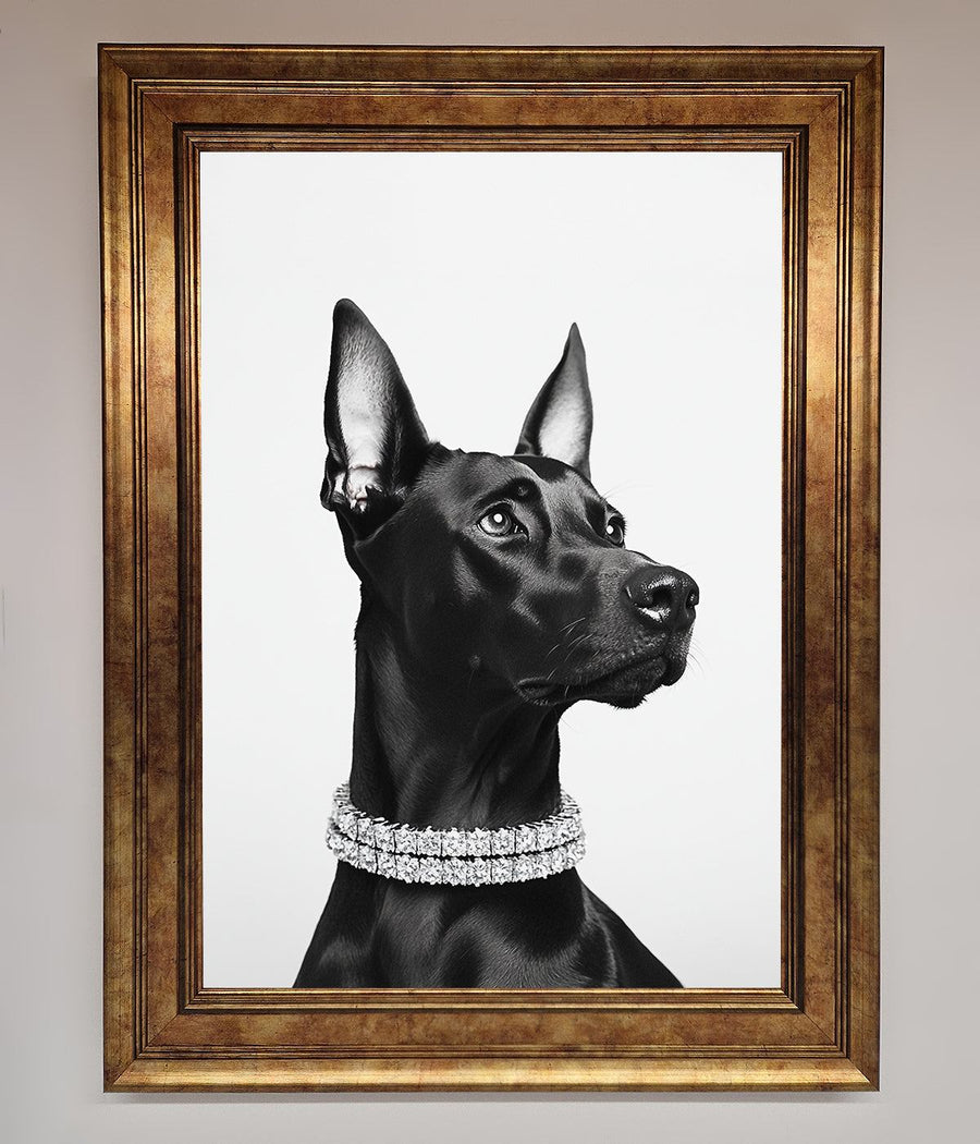 Luxury Black Doberman Diamond Necklace Framed Poster, Premium Dog Art for Home or Office Decor by Zestio at brixbailey.com