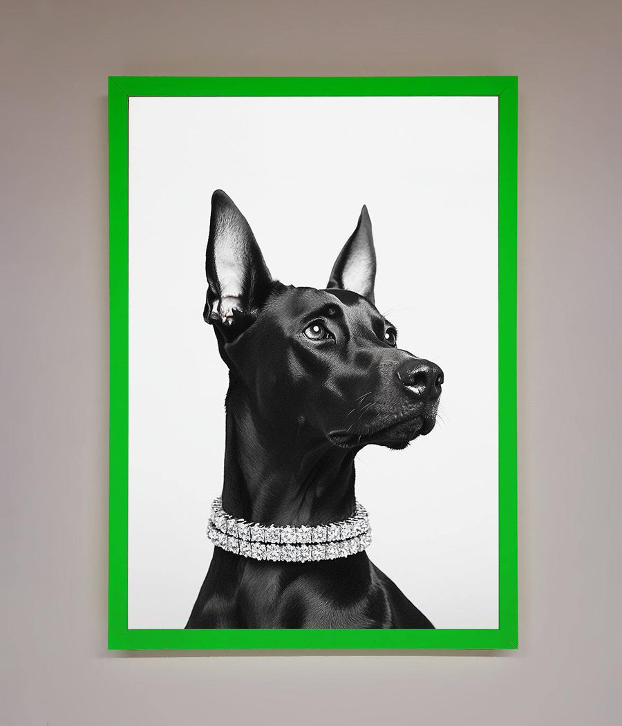 Luxury black Doberman diamond necklace framed poster, stylish dog art for home or office decor by Zestio at brixbailey.com