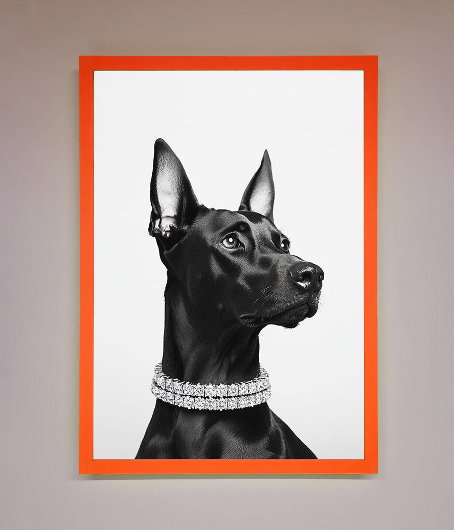 Luxury Black Doberman Diamond Necklace Framed Poster, Premium Dog Art for Home Decor by Zestio at brixbailey.com