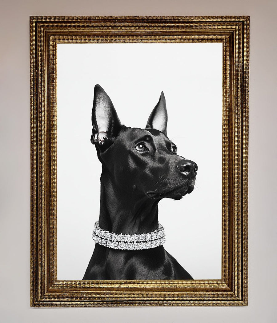Black Doberman Diamond Necklace Framed Poster, luxury dog art, stylish home decor, premium framed artwork, best-selling Doberman print by Zestio at brixbailey.com