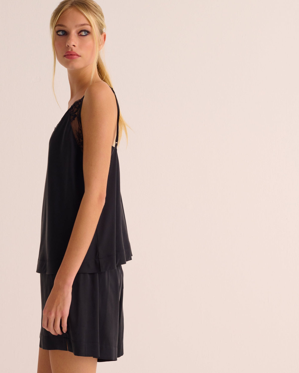 Black Washable Organic Stretch Silk &amp; Lace Camisole