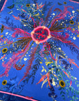 Royal blue ‘Flourish’ floral silk scarf with sunflowers and wildflowers