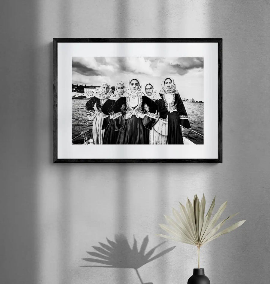 Timeless Beauty: Traditional Costumes of Spetses - Black & White Photography Wall Art by George Tatakis at brixbailey.com