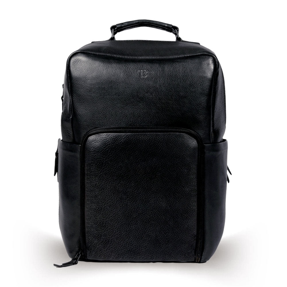 Premium black leather backpack for adventure and travel, handcrafted from recycled full-grain cowhide, spacious 20L capacity with detachable laptop sleeve, antique brass hardware, durable eco-friendly design by Bethikal at brixbailey.com