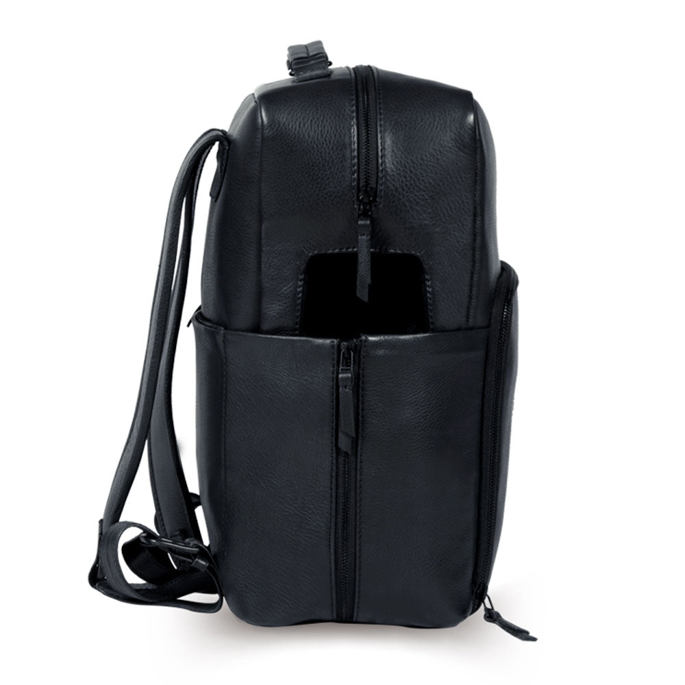 Premium black leather backpack, luxury full grain cowhide, handcrafted eco-friendly recycled leather, spacious laptop sleeve, durable antique brass hardware, best-selling stylish travel bag by Bethikal at brixbailey.com