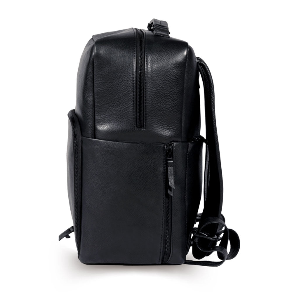 Premium black leather backpack, handcrafted from recycled full-grain cowhide, eco-friendly and durable for travel, work, and daily use by Bethikal at brixbailey.com