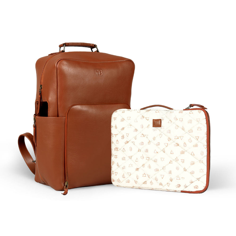 Premium tan leather backpack, sustainable recycled materials, handcrafted full-grain Nappa leather, antique brass hardware, spacious laptop compartment, durable travel bag by Bethikal at brixbailey.com