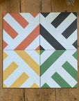 Premium yellow geometric porcelain tile, stylish bold green stripes, durable indoor outdoor anti-slip grade, 20x20cm, no sealing required by Maria Starling Design at brixbailey.com
