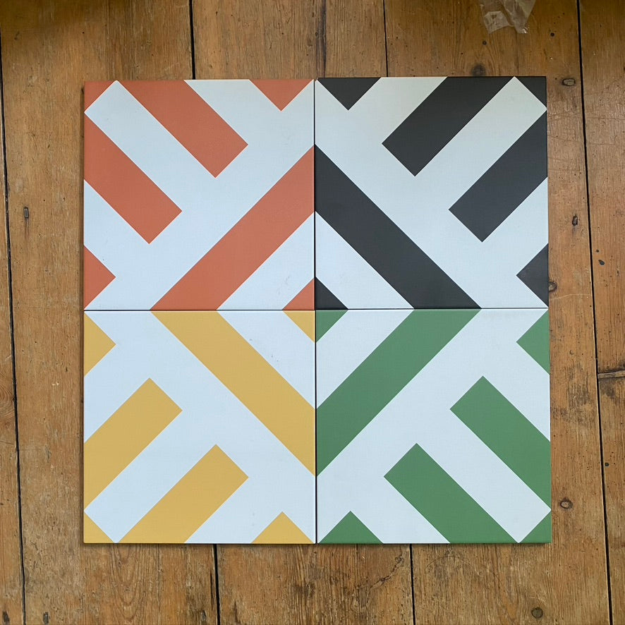 Premium yellow geometric porcelain tile, stylish bold green stripes, durable indoor outdoor anti-slip grade, 20x20cm, no sealing required by Maria Starling Design at brixbailey.com
