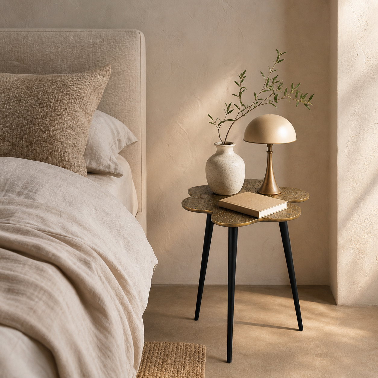 Brass Clover Side Table | Etched Top &amp; Black Iron Legs