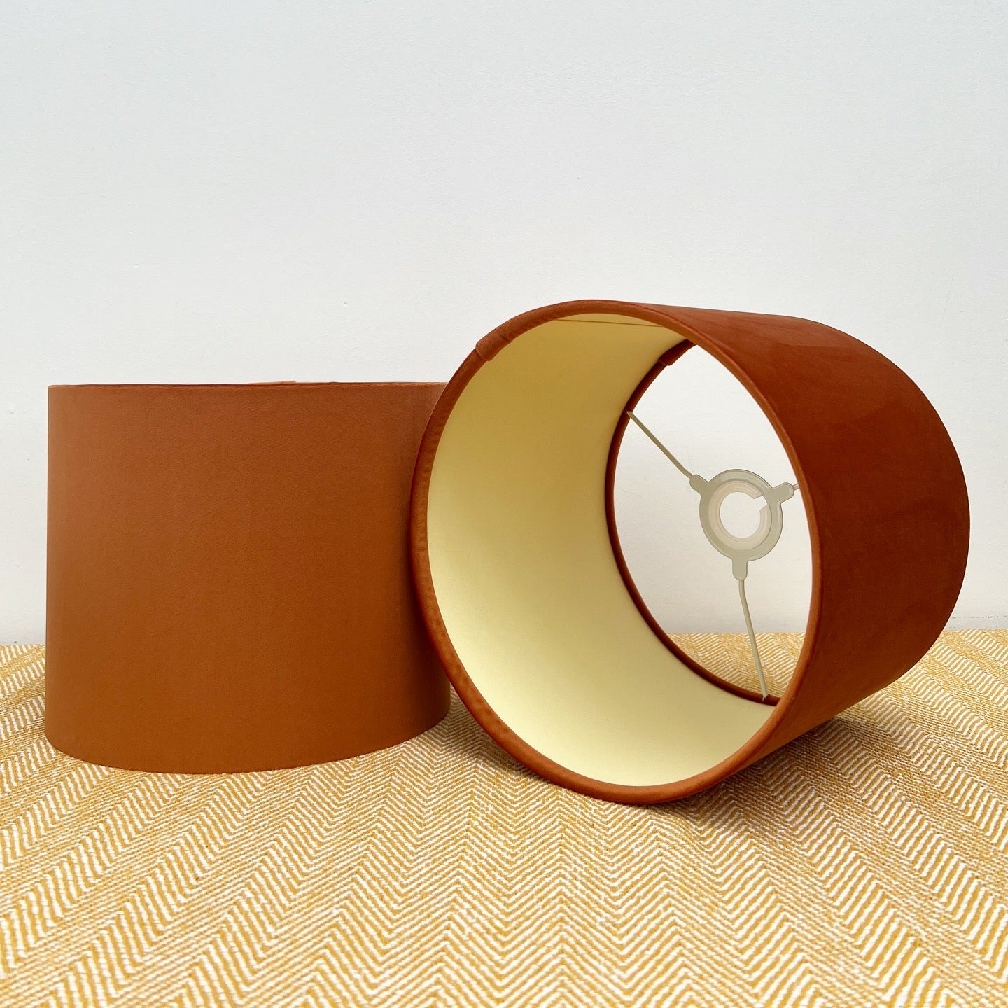 Burnt Orange Velvet &amp; Lemon Yellow Cotton Double Sided Drum Lampshade | Handmade Ceiling Light Shade | Bespoke UK