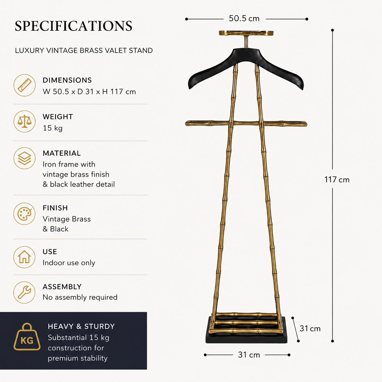 Luxury Dressboy Vintage Brass &amp; Black Leather Valet Suit &amp; Clothes Stand