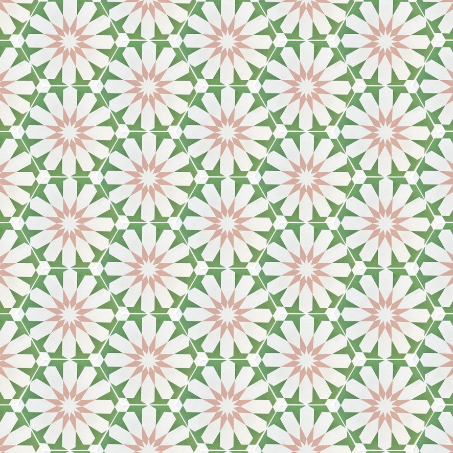 Luz green and pink porcelain tile, luxury hex arabesque pattern, slip-resistant indoor outdoor premium tile by Maria Starling Design at brixbailey.com