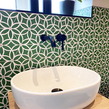 Luxury Petal porcelain hex tiles in pastel, green, and black, premium anti-slip outdoor and indoor tiles by Maria Starling Design at brixbailey.com