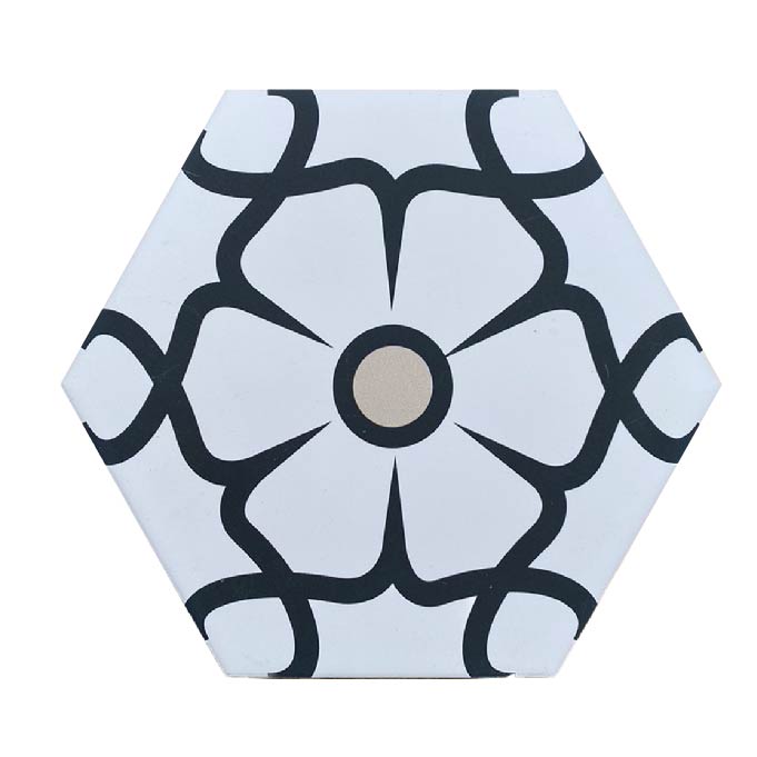 Luxury ELLA porcelain hexagon tile, black white pink floral motif, premium anti-slip, indoor outdoor use, no sealing needed, 18.7x21.5cm by Maria Starling Design at brixbailey.com