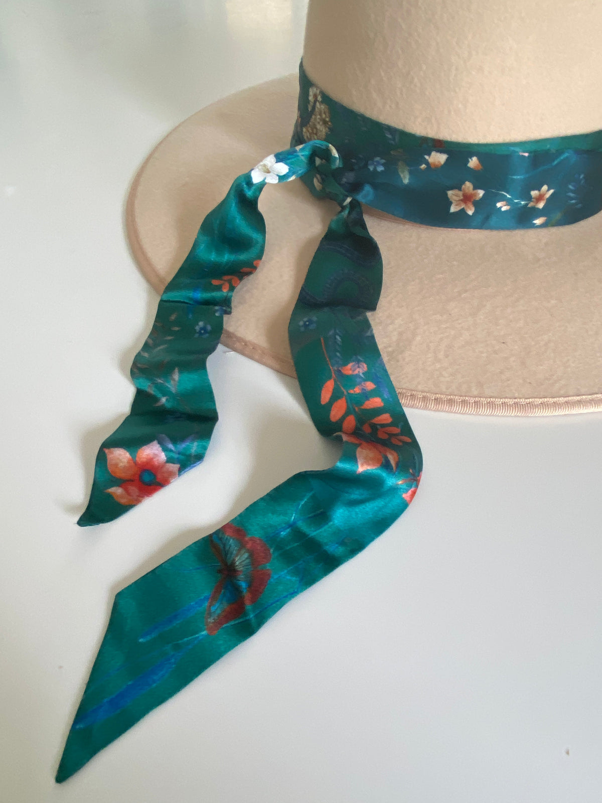 Teal Silk satin 'Morpho' Ultra Skinny silk scarf with butterflies and flowers