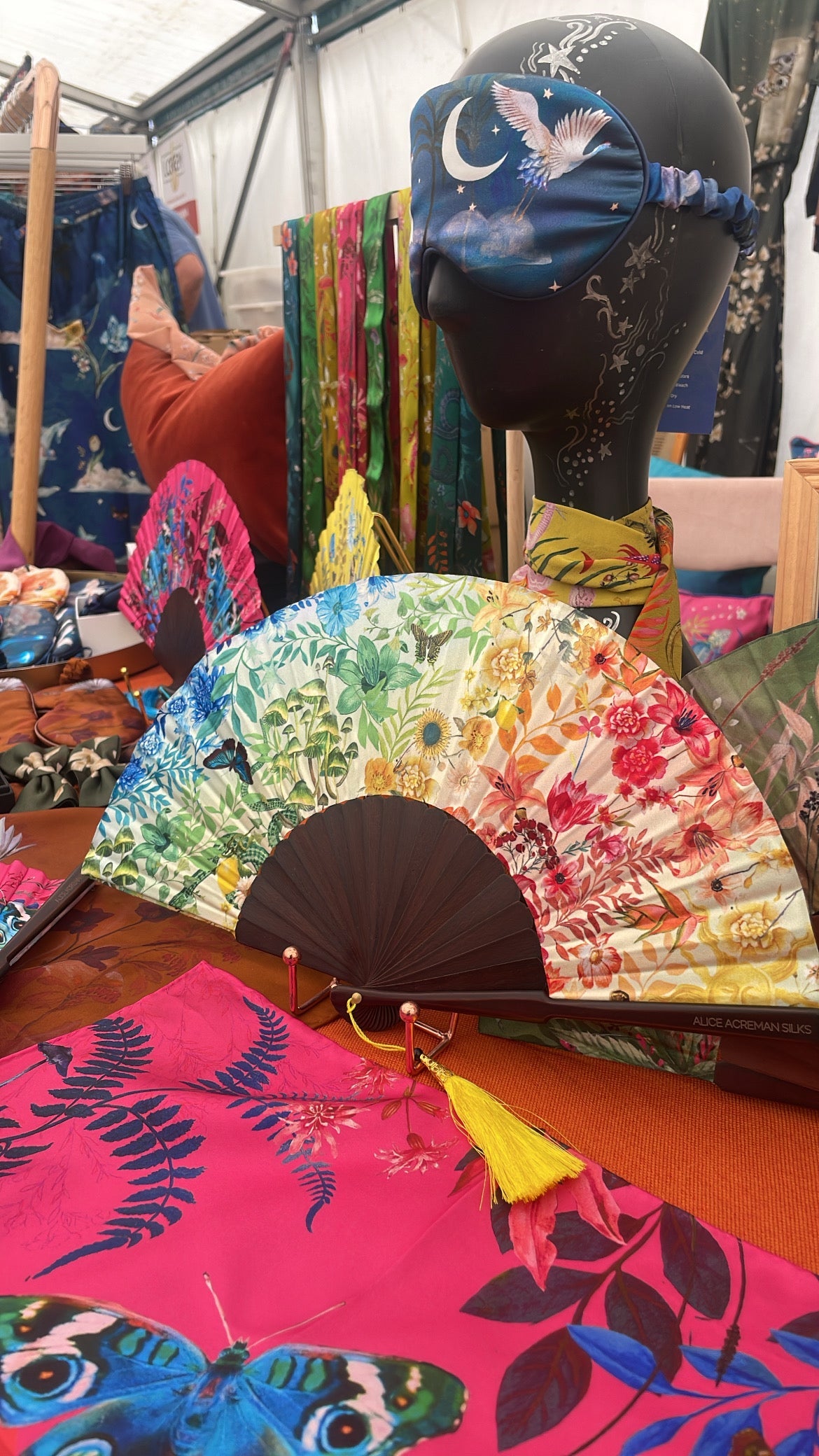 Colourful Silk folding hand fan 'kaleido-bloom' print with floral &amp; nature filled rainbow design