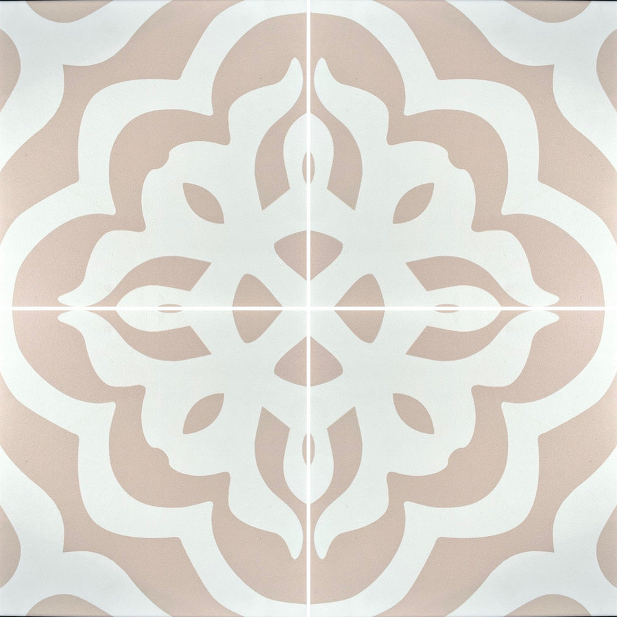 Isla porcelain tile, dusky pink Moroccan-inspired luxury boho chic design, premium handcrafted R11 anti-slip, indoor outdoor versatile by Maria Starling Design at brixbailey.com
