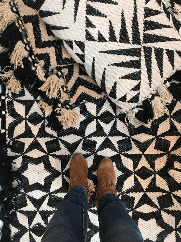 Premium monochrome flat weave wool rug, handmade in India, stylish geometric design with tassels, 170x240cm by Maria Starling Design at brixbailey.com