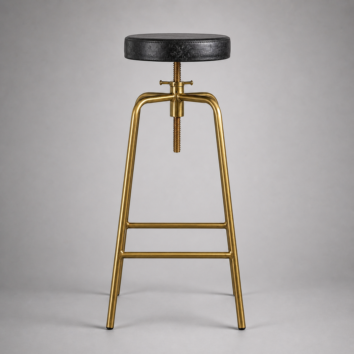 Antique Brass &amp; Black Leather Adjustable Bar Stool