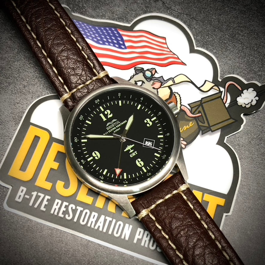 B-17 Tribute - Stainless Steel, Brush Finish, Black Dial, Brown Leather Band with Stitching