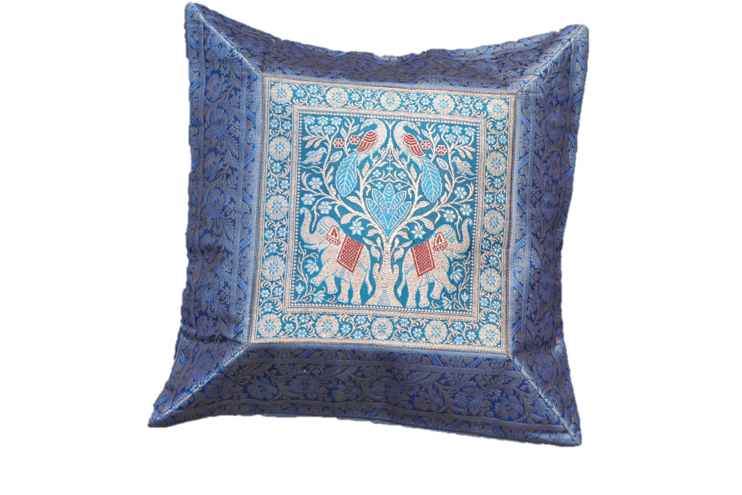 Silk Brocade Decorative Throw Pillow Cover with Elephant and Floral Motifs