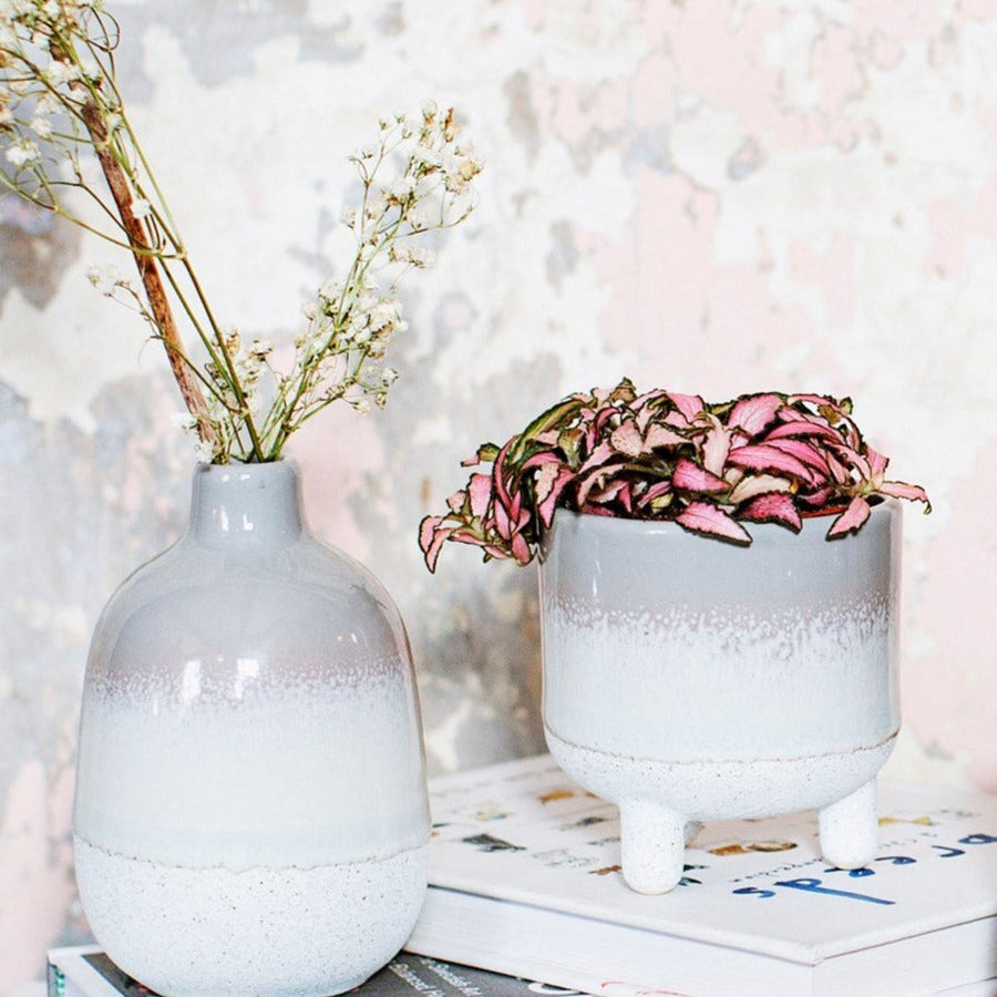 Bohemian style grey stoneware planter, handcrafted with reactive glaze for unique ombre effect, small plant pot for cacti or succulents by Ella James at brixbailey.com