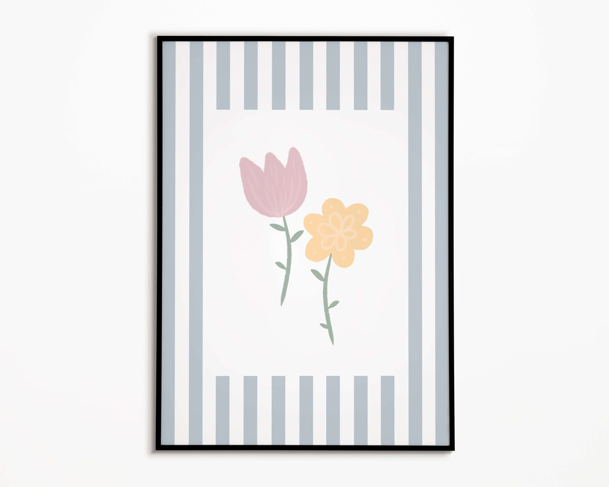 Flowers Print - Pale Blue Stripes