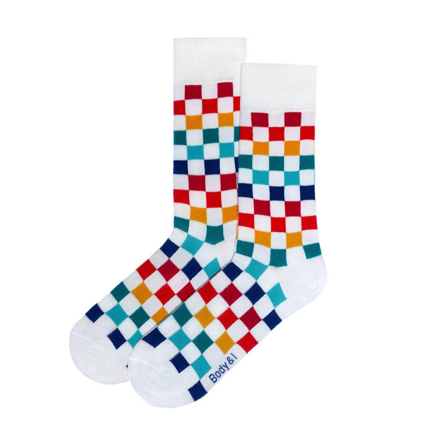Colorful checkered socks, premium cotton blend, stylish checkerboard pattern, best-selling playful design, sizes 4-8 UK by Body and I at brixbailey.com