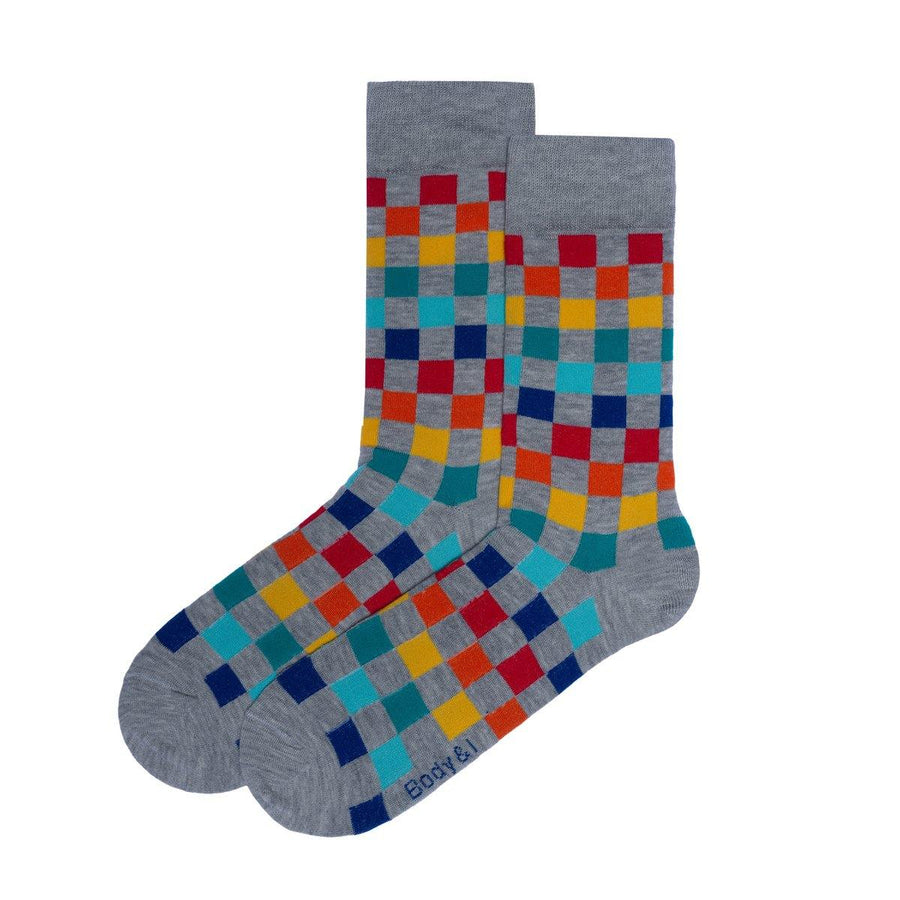 Colorful checkered socks, premium cotton blend, playful patterned design, elasticated comfort, best-selling pack of 4 by Body and I at brixbailey.com