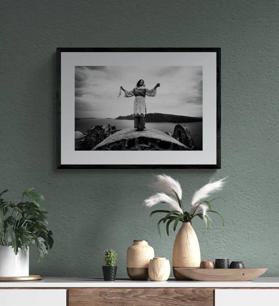 Santorini Traditional Costume Print - Black & White Caldera Photography - Greek Island Wall Art by George Tatakis at brixbailey.com