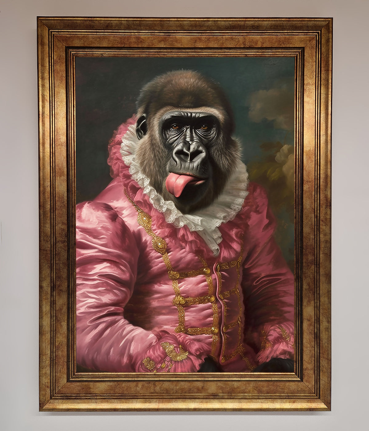 Cheeky Gorilla Framed Poster, stylish renaissance-style wall art, playful luxury home decor, trending best-selling humorous print by Zestio at brixbailey.com