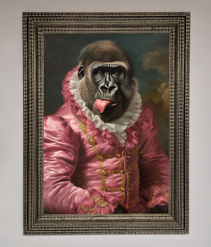 Cheeky Gorilla Framed Poster, stylish renaissance-style home decor, playful luxury wall art, trending best-selling whimsical print by Zestio at brixbailey.com