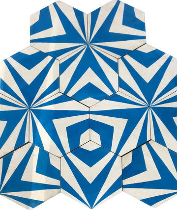 Modern Moroccan chevron hex cement tile, blue and white premium handcrafted design, stylish UK flooring, luxury durable statement tiles by Maria Starling Design at brixbailey.com