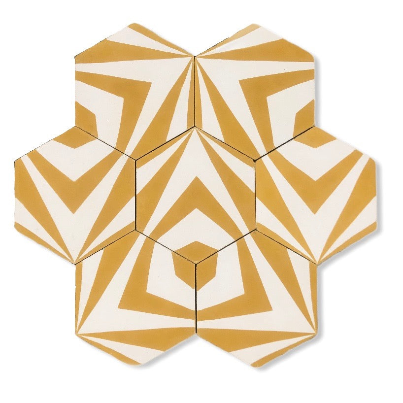 Modern Moroccan chevron hex cement tiles, blue and white, premium handcrafted statement flooring, UK delivery included by Maria Starling Design at brixbailey.com