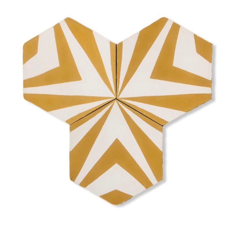 Modern Moroccan chevron hex cement tile, blue and white, premium handcrafted design, stylish durable flooring, UK delivery included by Maria Starling Design at brixbailey.com
