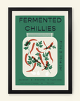 Fermented Chillies kitchen print, premium handcrafted pickling guide, stylish home decor, A5 to A0 sizes, framed or unframed options by Little Egret Design at brixbailey.com