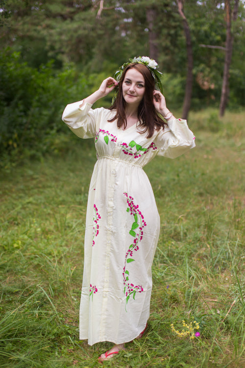 Light Yellow Button Me Down Style Caftan in Climbing Vines Pattern-0