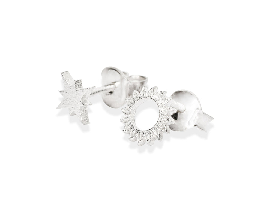 Recycled Silver Celestial Sun Stud Earrings