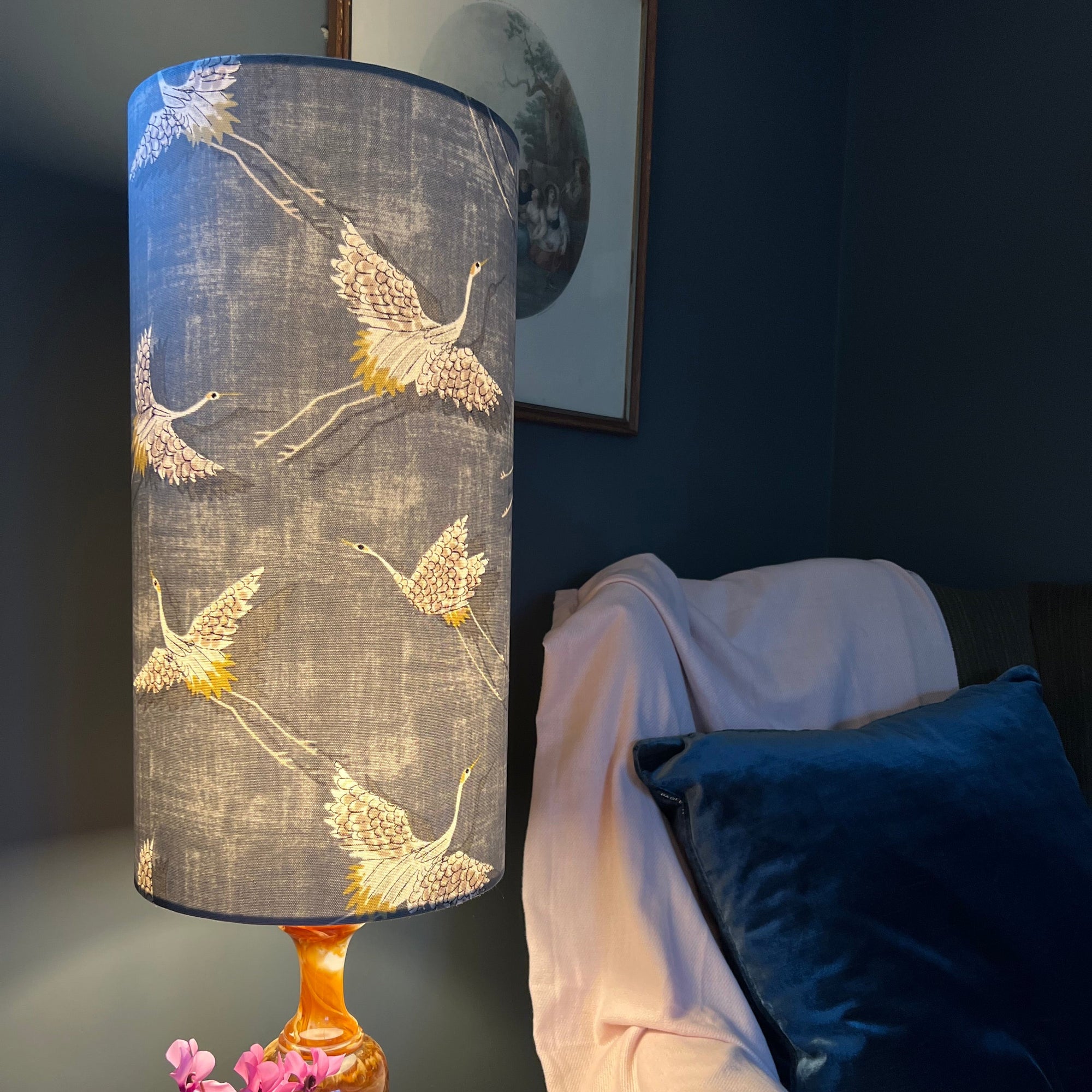 Flying Birds Slate Cotton Lampshade | Extra Tall Cylinder Ceiling Light Shade | Bespoke Handmade UK