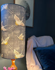 Flying Birds Slate Cotton Lampshade | Extra Tall Cylinder Ceiling Light Shade | Bespoke Handmade UK