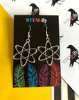 Silver atom chemistry science earrings on hypoallergenic surgical steel hooks