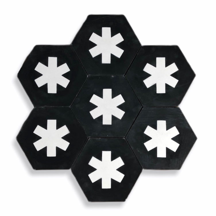 Luxury black and white cement floor tiles, premium hex cross design, stylish contemporary pattern, handcrafted for interiors, walls, bathrooms, wet areas by Maria Starling Design at brixbailey.com
