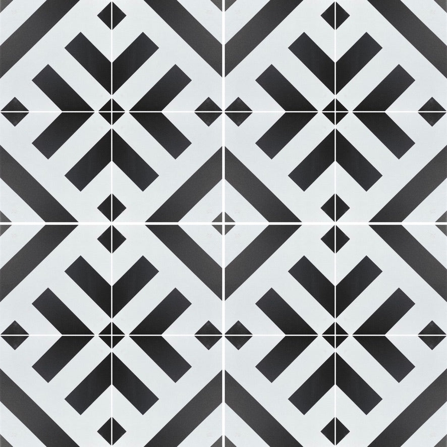 Black geometric porcelain tile, premium anti-slip outdoor tile, stylish 20x20cm square tile, durable handcrafted porcelain for floors and walls by Maria Starling Design at brixbailey.com
