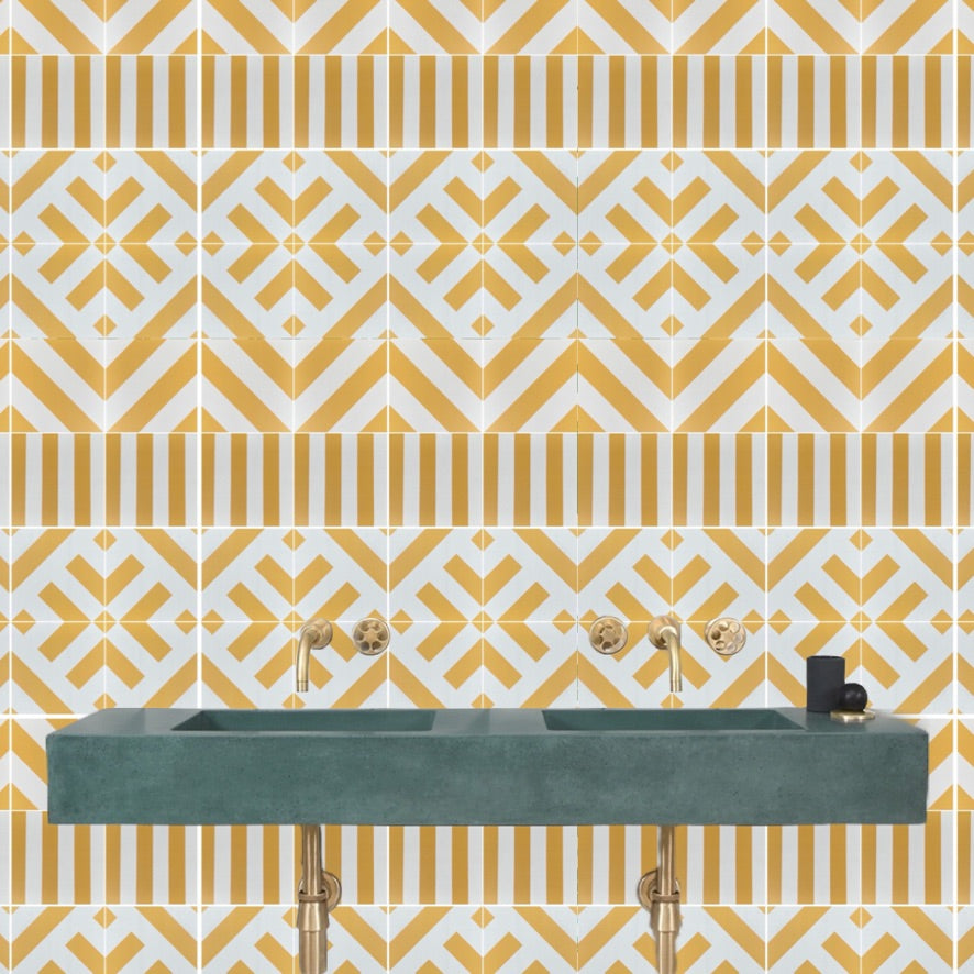 Yellow Geometric Porcelain Tile, Luxury Anti-Slip Outdoor Tile, Premium Handcrafted 20x20cm Yellow Ray Tile, Durable Stylish Design by Maria Starling Design at brixbailey.com