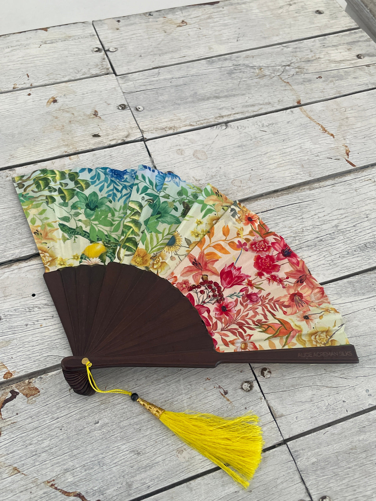 Colourful Silk folding hand fan 'kaleido-bloom' print with floral &amp; nature filled rainbow design